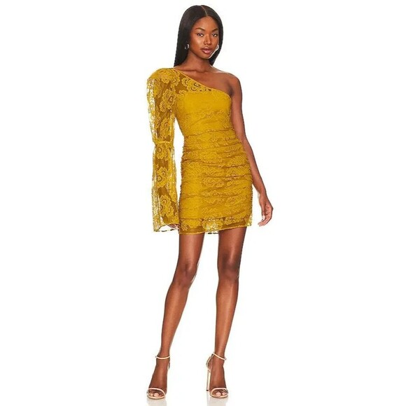 NWT For Love & Lemons Tiana Mini Dress Size XS In Yellow Lace Sheer Overlay - Picture 1 of 7